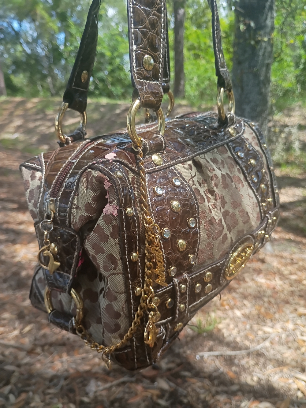 Baby Phat Brown Floral Mini Satchel with Gold Accents - Picture 2 of 6